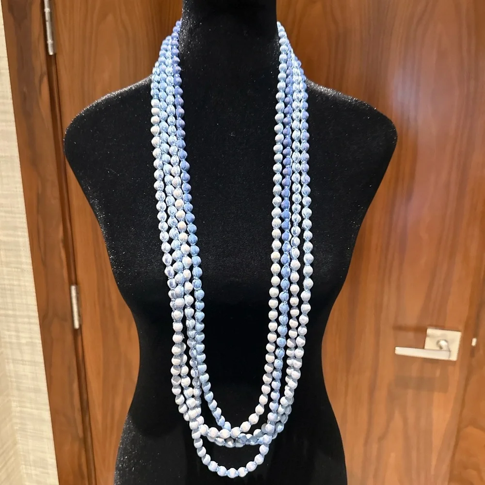 Chic Blue and Cream Silk Beaded Necklace